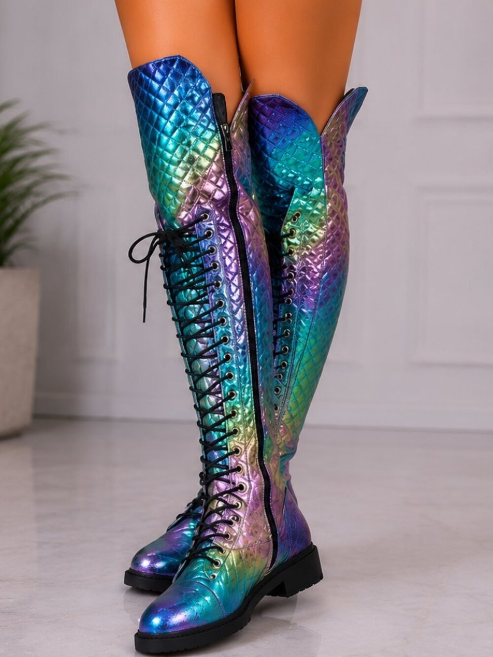 NIB Travis Festive Quilted Metallic Rainbow Corset Lace Over the Knee Boots